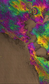 Interferometric radar image of the area around San Francisco showing the ground movement for the period before and after the 