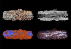 Optical, microprobe and CT-scan images of Predynastic iron bead from the Nile Valley (credit: Open University)