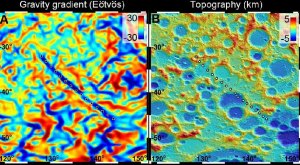 500 km linear anomaly in the Moon's far-side  gravitational field. (credit: NASA/JPL-Caltech/CSM)
