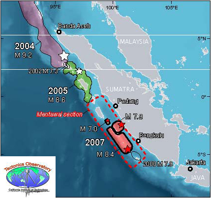Recent Great Earthquakes in different segments of the Sumatra plate margin (credit: Tectonics Observatory, California Institute of Technology http://www.tectonics.caltech.edu/outreach/highlights/sumatra/why.html