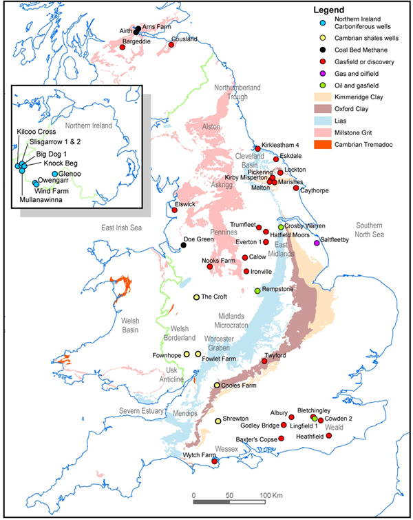 Areas where petroleum-rich shales occur at the surface in Britain. (credit: British Geological Survey)