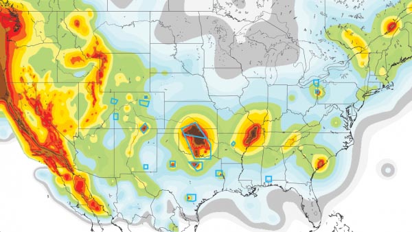 USGS map highlighting short-term earthquake risk zones. Blue boxes indicate areas with induced earthquakes (source: US Geological Survey)