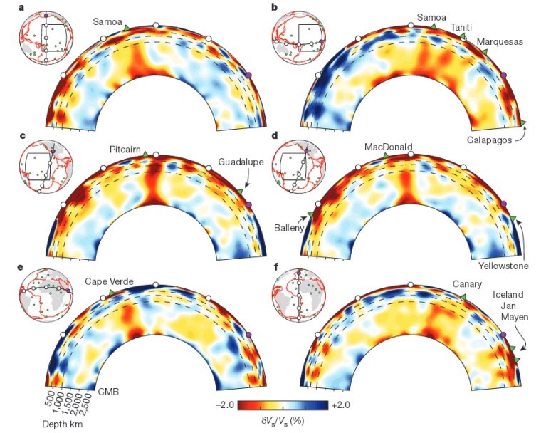 Whole-Earth seismic tomography cross sections beneath a variety of volcanic islands, (Credit French and Romanowicz; http://www.nature.com/doifinder/10.1038/nature14876)