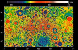 Gravity field of the moon as measured by NASA's GRAIL mission. The far side of the moon is at the centre, whereas the nearside (as viewed from Earth) is at either side. (credit: NASA/ARC/MIT)