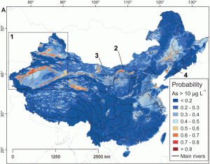 Estimated probability of arsenic in Chinese groundwater above the WHO acceptable maximum concentration (Credit:Rodriguez-Lado, et al. 2013)